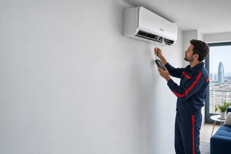 Servicio técnico de aire acondicionado Bosch en Barcelona Servicio técnico de aire acondicionado Bosch en Barcelona durante la revisión de un equipo split